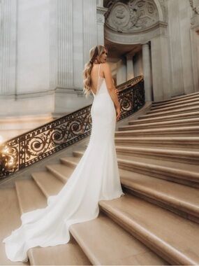 Stella York 7831 Crepe Column Wedding Dress Low Back Spaghetti Strap Pearl